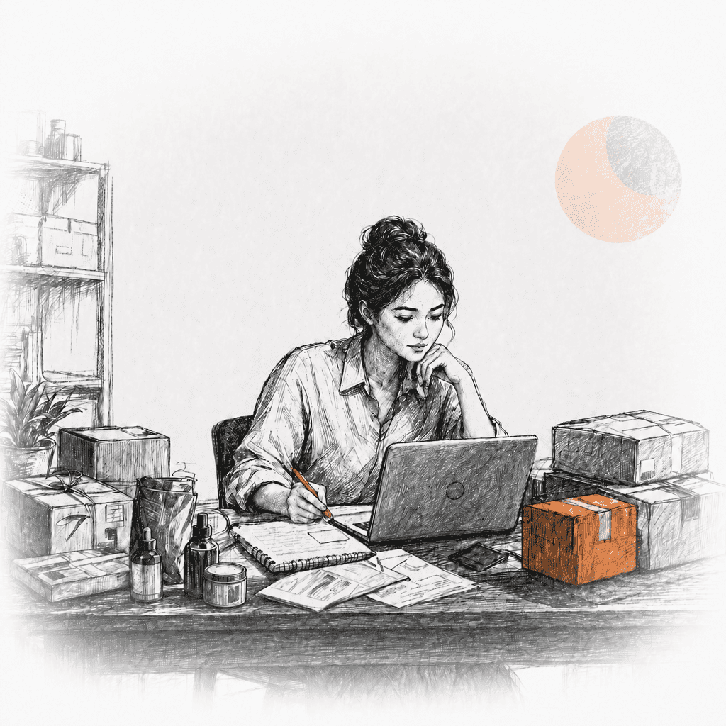 Illustration of a small merchant manually handling commerce messages and orders