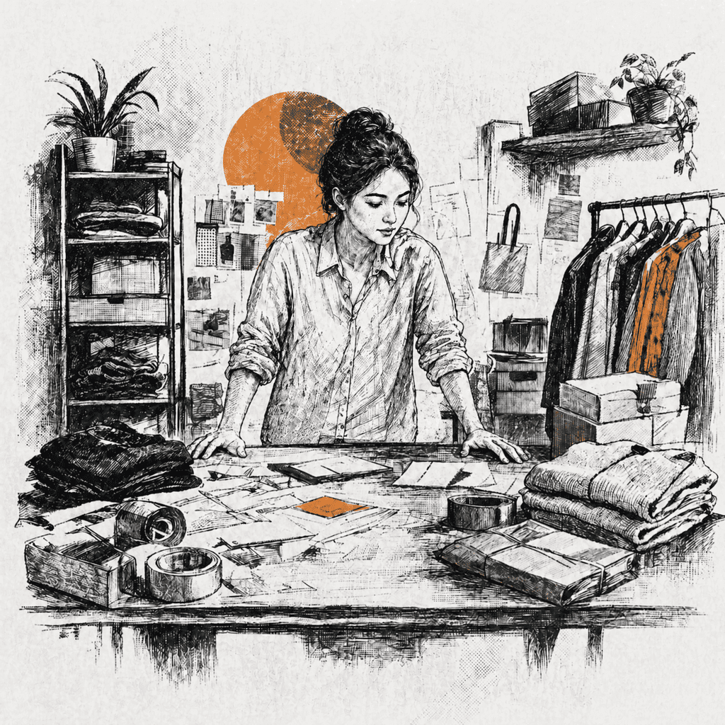 Illustration of a commerce operator organizing store information for AI discovery