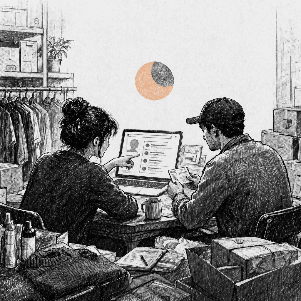 Illustration of merchants reviewing commerce conversations and revenue signals