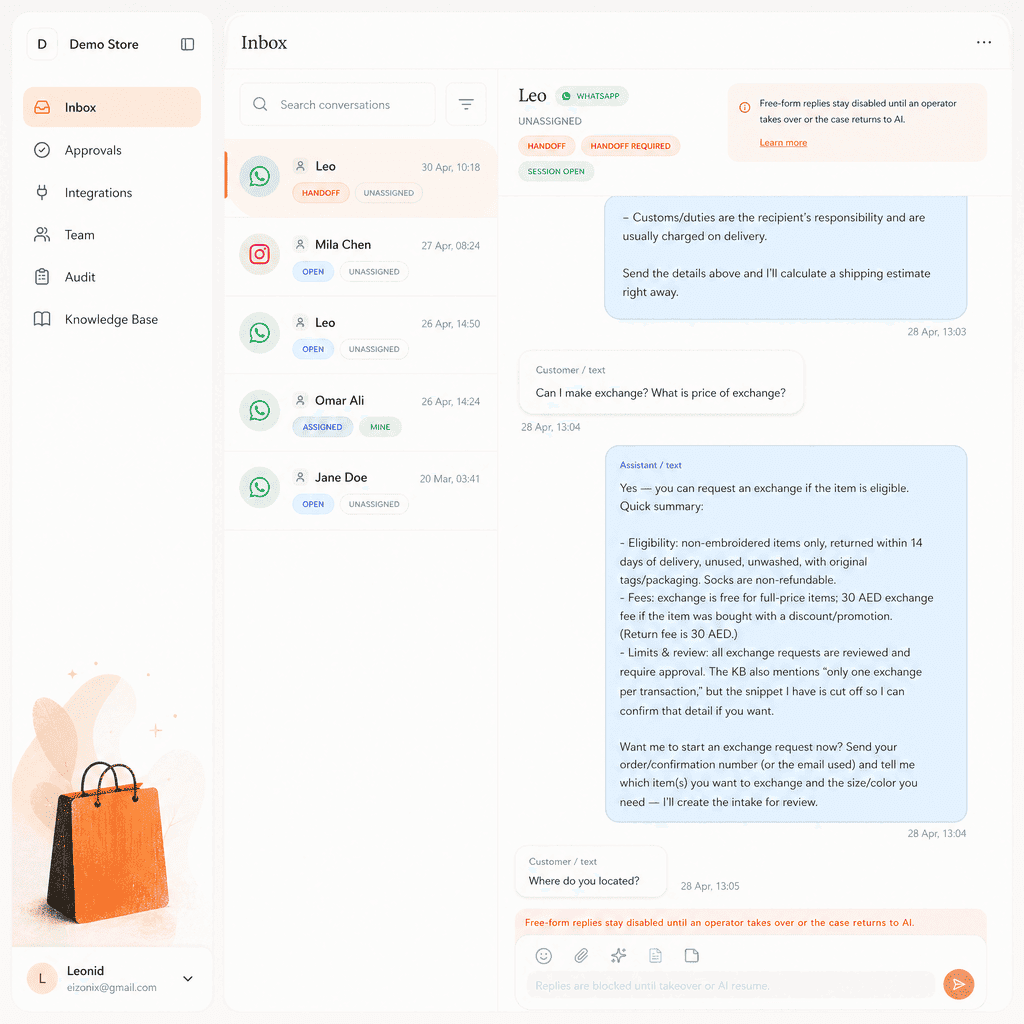Laris dashboard showing AI visibility, conversations, revenue signals, support, and improvements