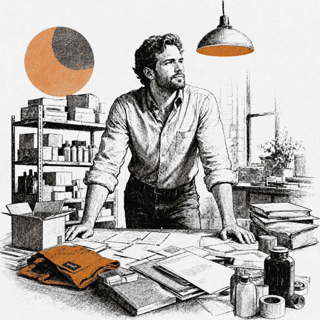 Illustration of a commerce operator planning orders at a desk